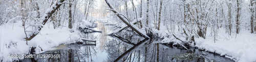 Panorama of snowy forest and river by winter morning