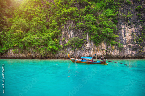 Long boat and blue water at Maya bay in Phi Phi Island, Krabi Th