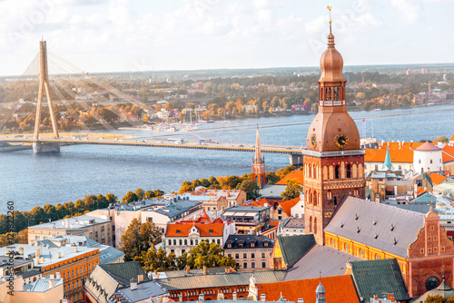 Cityscape aerial view on the old town with Dome cathedral and Daugava river in Riga city, Latvia