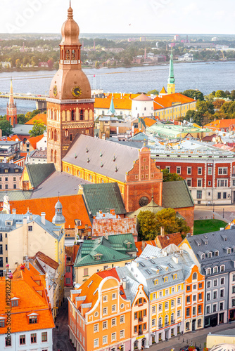 Cityscape aerial view on the old town with Dome cathedral and colorful buildings in Riga, Latvia