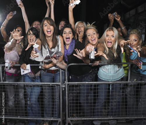 Fans leaning over barrier and screaming