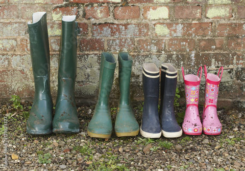 View of a variety of rubber boots in a row