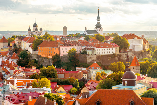 Aerial view from church tower on the old town of Tallinn on the sunset in Estonia