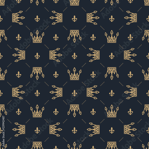 Seamless pattern in retro style with a gold crown on a blue background. Can be used for wallpaper, pattern fills, web page background,surface textures. Vector Illustration.