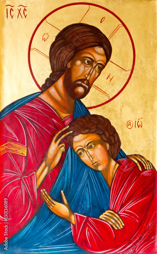 Bratislava, Slovakia, 2016/12/06. Icon of Jesus Christ blessing Saint John the Apostle on his chest.