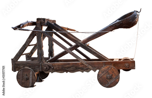 ancient wooden catapult isolated on white