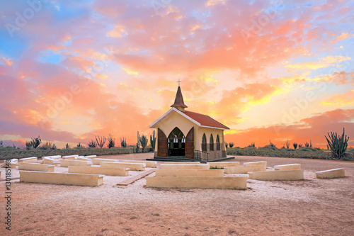 Alto Vista Chapel on Aruba island in the Caribbean at sunset