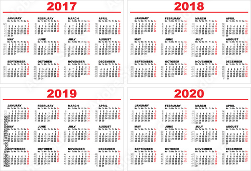 Set grid wall calendar for 2017, 2018, 2019, 2020