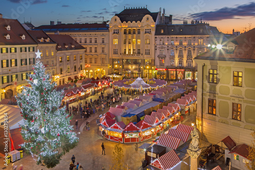 BRATISLAVA, SLOVAKIA - NOVEMBER 28, 2016: Christmas market on the Main square in evening dusk.