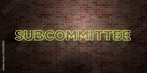 SUBCOMMITTEE - fluorescent Neon tube Sign on brickwork - Front view - 3D rendered royalty free stock picture. Can be used for online banner ads and direct mailers..