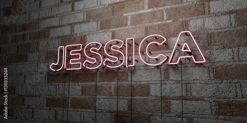 JESSICA - Glowing Neon Sign on stonework wall - 3D rendered royalty free stock illustration. Can be used for online banner ads and direct mailers..