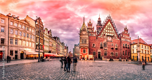 Wroclaw Market Square with Town Hall during sunset evening, Pola
