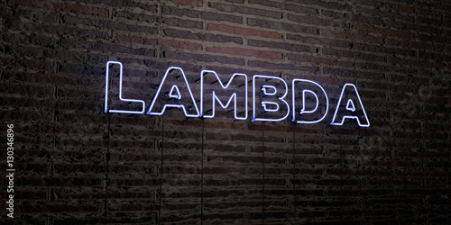 LAMBDA -Realistic Neon Sign on Brick Wall background - 3D rendered royalty free stock image. Can be used for online banner ads and direct mailers..