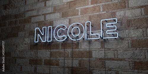 NICOLE - Glowing Neon Sign on stonework wall - 3D rendered royalty free stock illustration. Can be used for online banner ads and direct mailers..