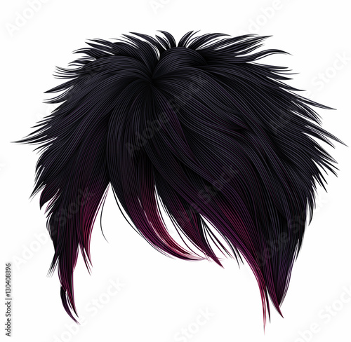 trendy woman short hairs black pink colors . long fringe . fashion beauty style . emo Japanese . 