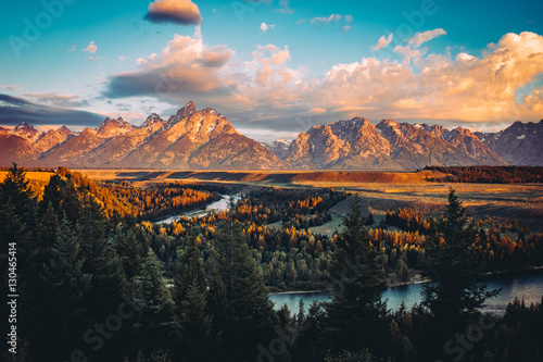 Grand Tetons peak at sunrise with snake river overlook in Wyoming, US