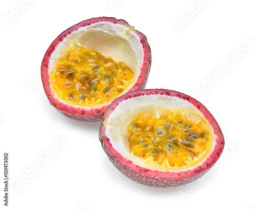 half of fresh passion fruit isolated on white background