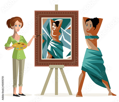 artist woman painting a live model in cubist style