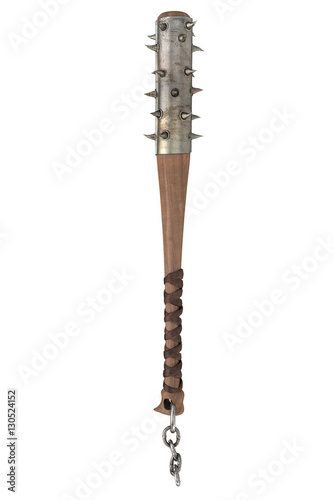 mace weapon of wood with metal spikes and wires on an isolated white background. 3d illustration