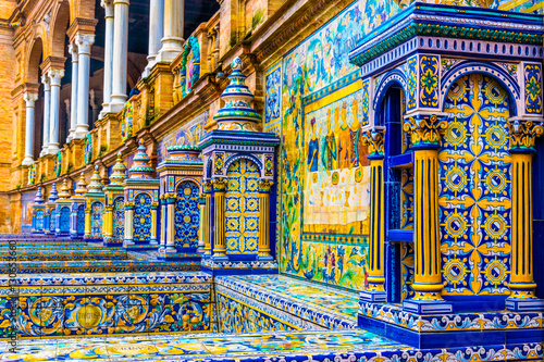 The tiled walls of Plaza de Espana. Seville. Spain.