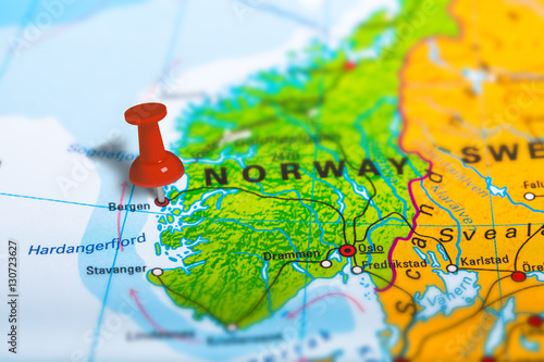 Bergen in Norway pinned on colorful political map of Europe. Geopolitical school atlas. Tilt shift effect.