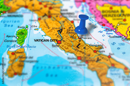 Pescara in Italy pinned on colorful political map of Europe. Geopolitical school atlas. Tilt shift effect.