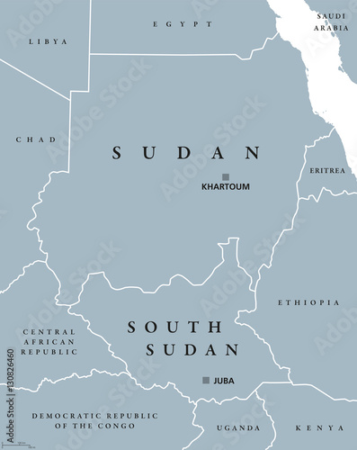 Sudan and South Sudan political map with capitals Khartoum and Juba. Two republics in Eastern Africa, with national borders and neighbor countries. Gray illustration with English labeling. Vector.