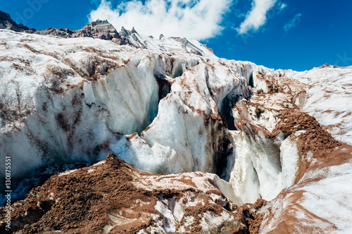 Dirty Gergeti glacier near the Mount Kazbek in Stepantsminda, Georgia