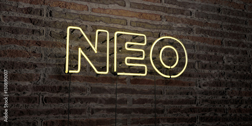 NEO -Realistic Neon Sign on Brick Wall background - 3D rendered royalty free stock image. Can be used for online banner ads and direct mailers..