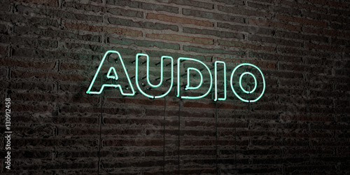 AUDIO -Realistic Neon Sign on Brick Wall background - 3D rendered royalty free stock image. Can be used for online banner ads and direct mailers..