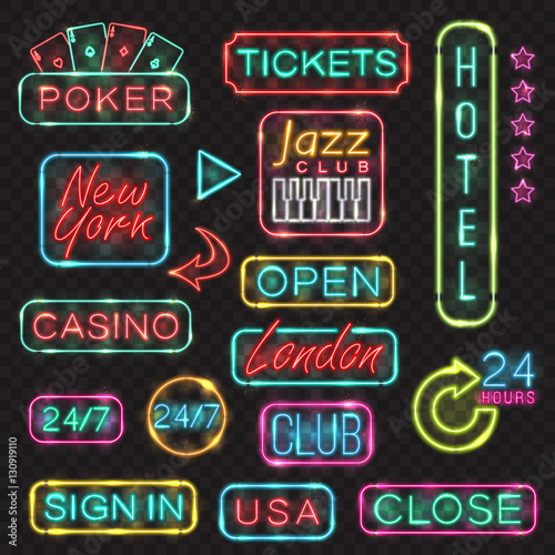 Neon signs. Vector neon lights illustrations icons for poker, casino, London, New York, USA, sign in, open, hotel, jazz club designs.