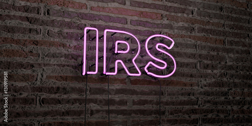 IRS -Realistic Neon Sign on Brick Wall background - 3D rendered royalty free stock image. Can be used for online banner ads and direct mailers..