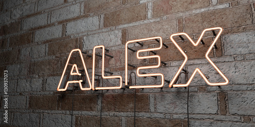 ALEX - Glowing Neon Sign on stonework wall - 3D rendered royalty free stock illustration. Can be used for online banner ads and direct mailers..