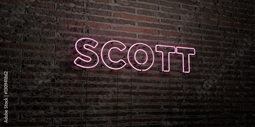 SCOTT -Realistic Neon Sign on Brick Wall background - 3D rendered royalty free stock image. Can be used for online banner ads and direct mailers..