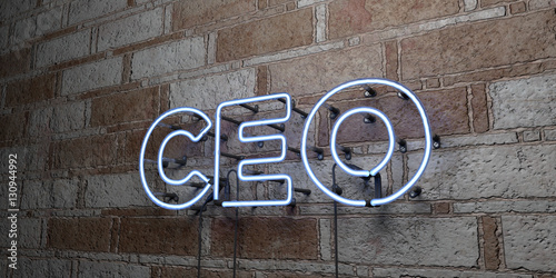 CEO - Glowing Neon Sign on stonework wall - 3D rendered royalty free stock illustration. Can be used for online banner ads and direct mailers..