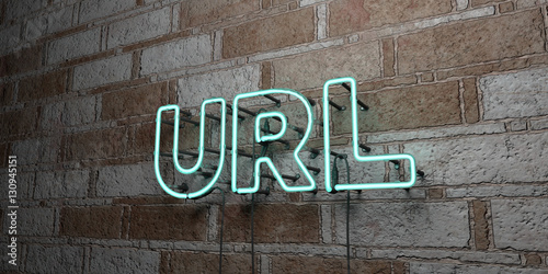 URL - Glowing Neon Sign on stonework wall - 3D rendered royalty free stock illustration. Can be used for online banner ads and direct mailers..