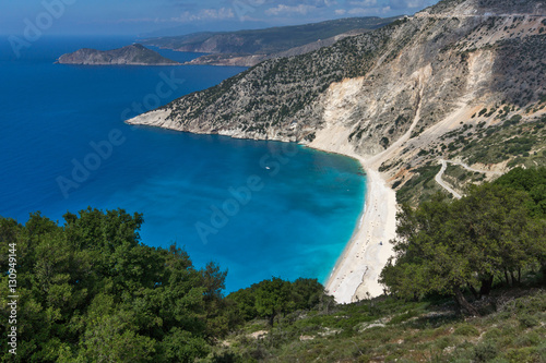 Amazing Panoramic View of beautiful Myrtos beach, Kefalonia, Ionian islands, Greece