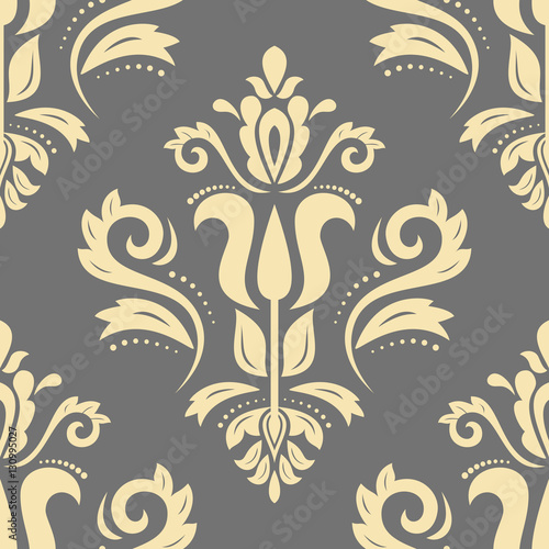 Seamless oriental pattern in the style of baroque. Traditional classic ornament. Gray and golden pattern