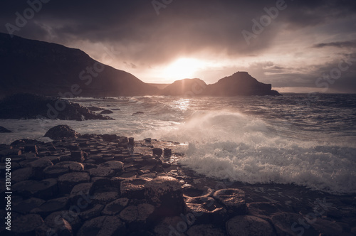 Picturesque sunset at the Giant's Causeway, Northern Ireland