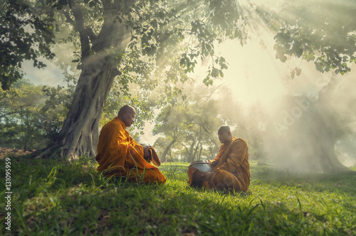 Two monks meditation under the trees with sun ray, Buddha religi