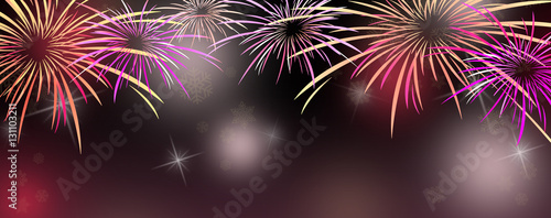 New year banner background with colorful pink and purple fireworks