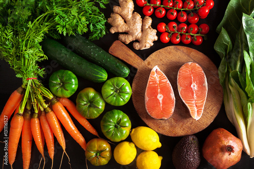 vegetables and fish healthy food background