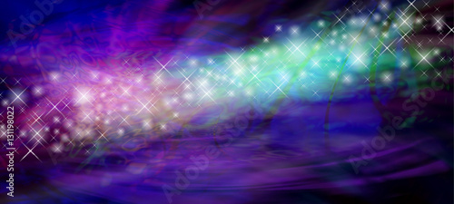 Stream of Glittering Sparkles Website Banner - stream of white sparkles and glitter flowing from left side on a pink purple green and black background with copy space