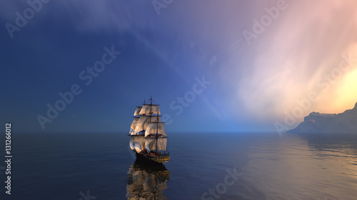 3d rendering of sailing ship in the vast ocean with small waves