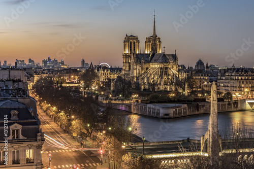 Bird view of the cathedrol Notre de Paris sunset in Paris, France