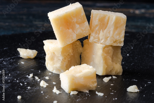 White Cheddar Cheese Cubes on a Black Slate