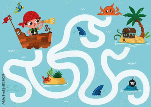 A pirate in the maze. Educational maze game for children. Can you help the pirate to reach the treasure hunt? Vector illustration.