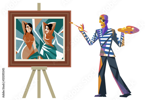 cubist artist painting with palette and paintbrush and ladies painting