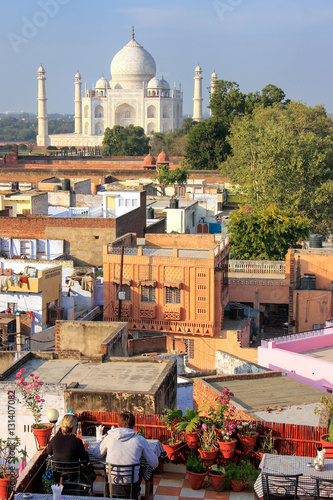 View of Taj Mahal from the rooftop restaurant in Taj Ganj neighb
