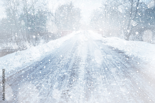 Countryside road during snow storm